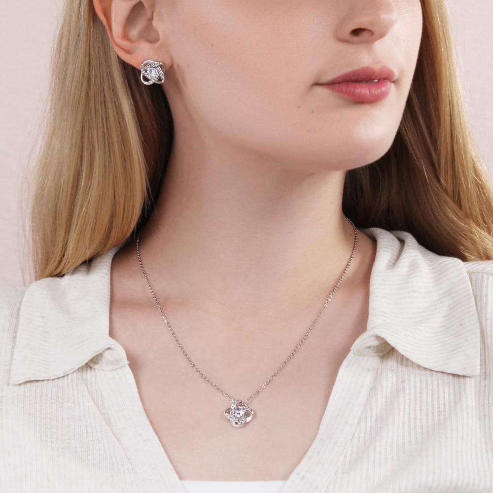 Daughter to Mother gift "Love Knot" Necklace & CZ Earrings (#68)