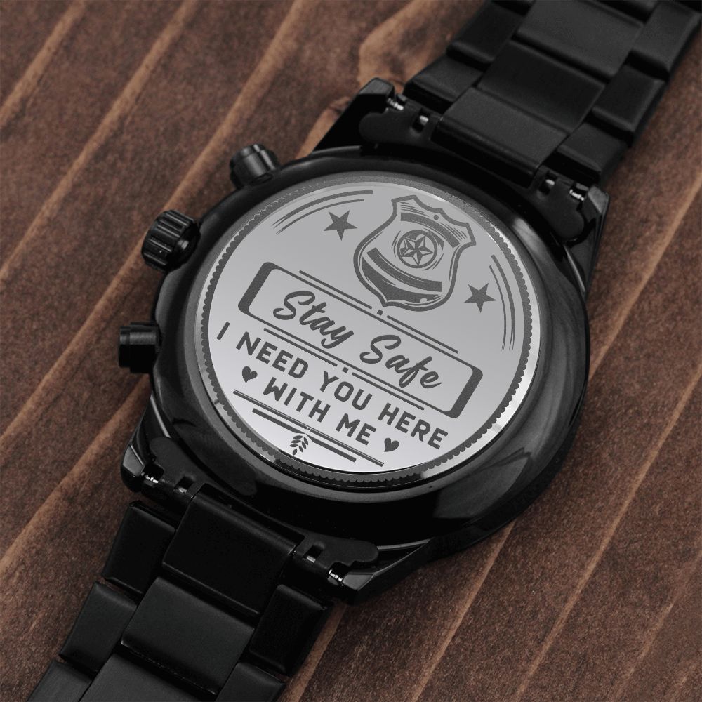 Stay Safe "Engraved Design Black Chronograph" Watch