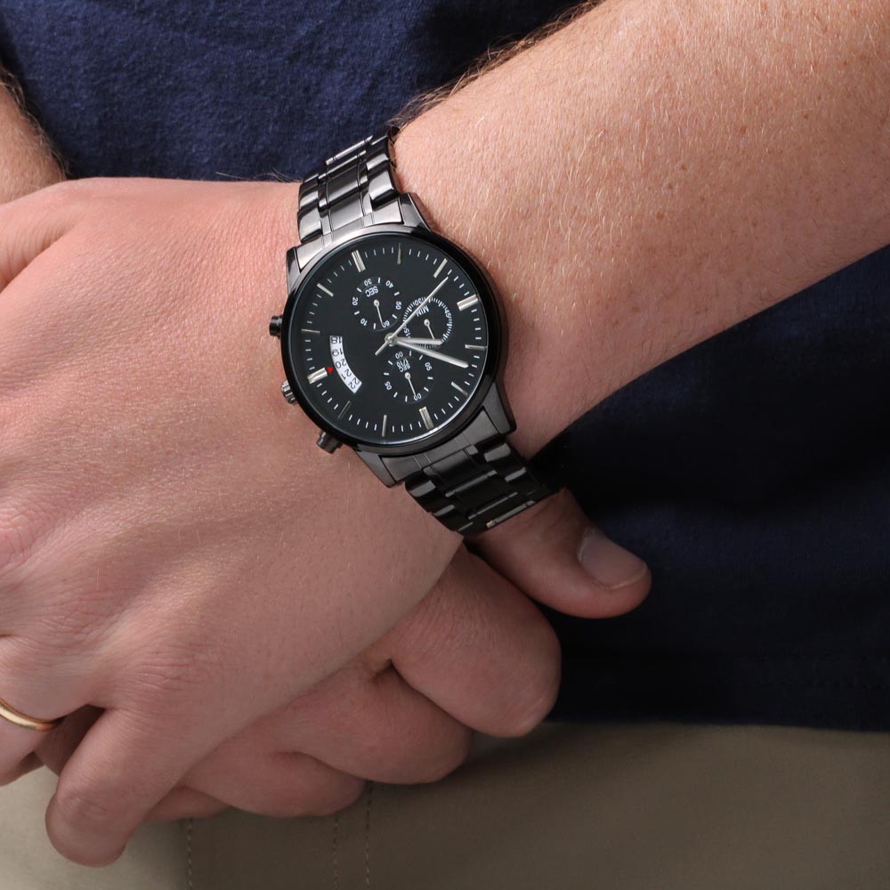 Stay Safe "Engraved Design Black Chronograph" Watch