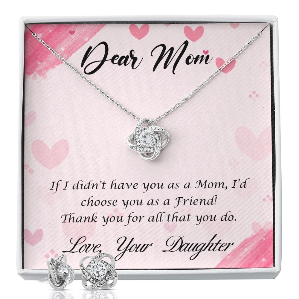 Daughter to Mother gift "Love Knot" Necklace & CZ Earrings (#68)